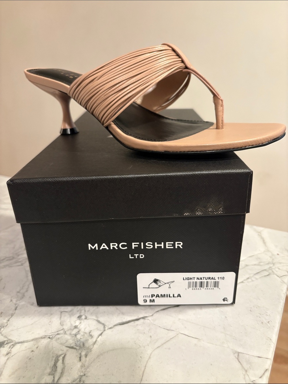 Marc Fisher Light Natural Strappy Thong Kitten Heel Mule
